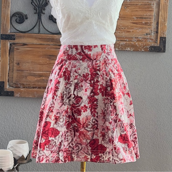 Gap Ivory Red Pink Abstract Floral Full Cotton Side Zip Skirt with Pockets -Sz 0 - Picture 1 of 14